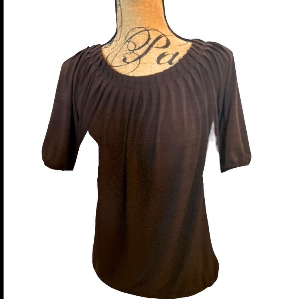 AGB Chocolate Brown Silky Pleated Elastic Hem Top Blouse Shirt Size Petite XLP